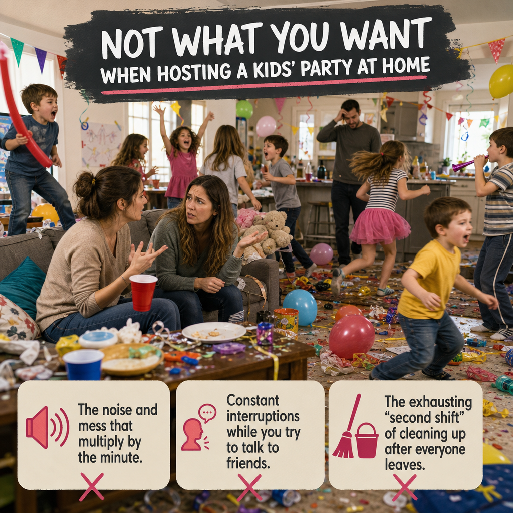 A messy living room after a chaotic kids birthday party