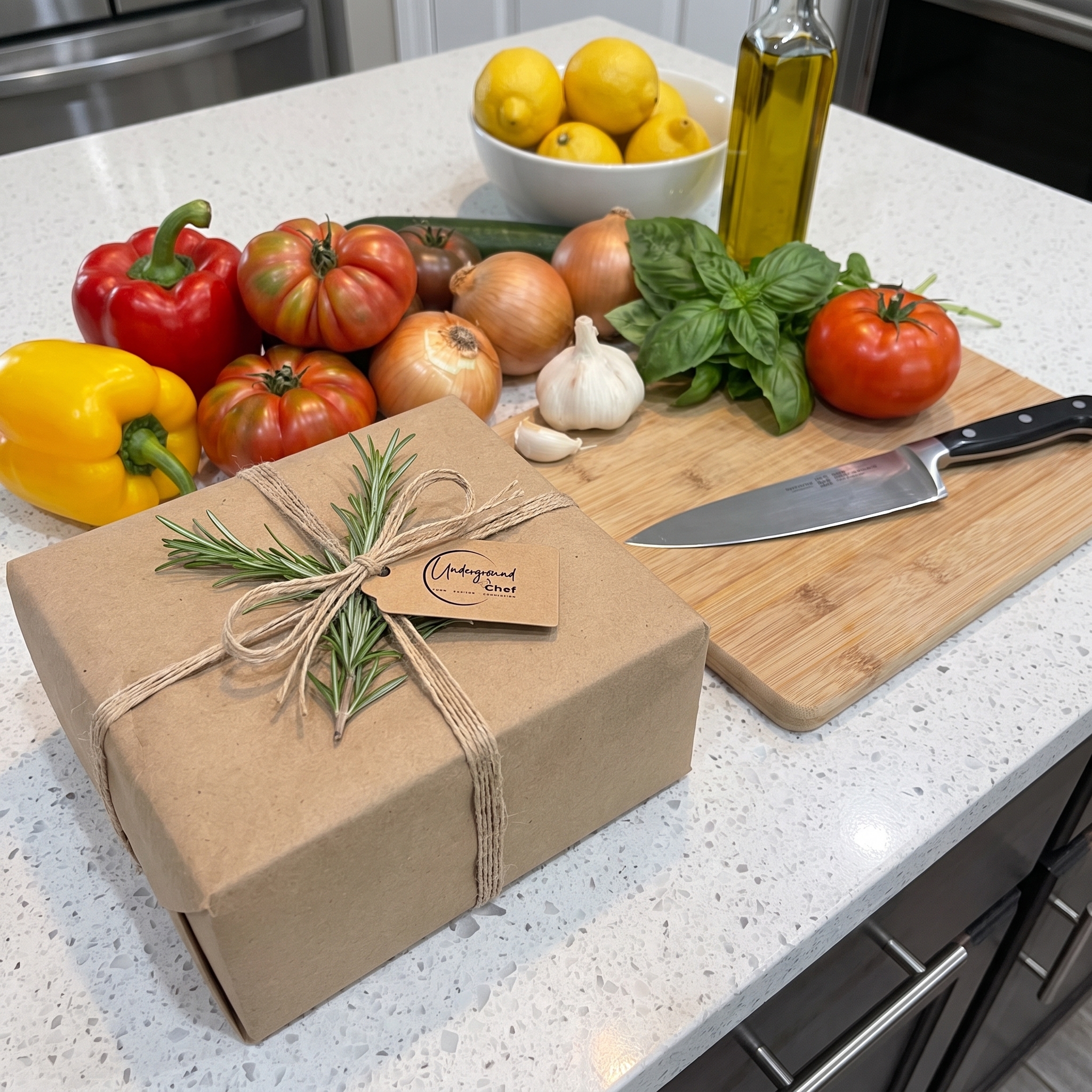 A beautifully wrapped gift box on a kitchen counter next to a sharp chef knife and fresh vegetables