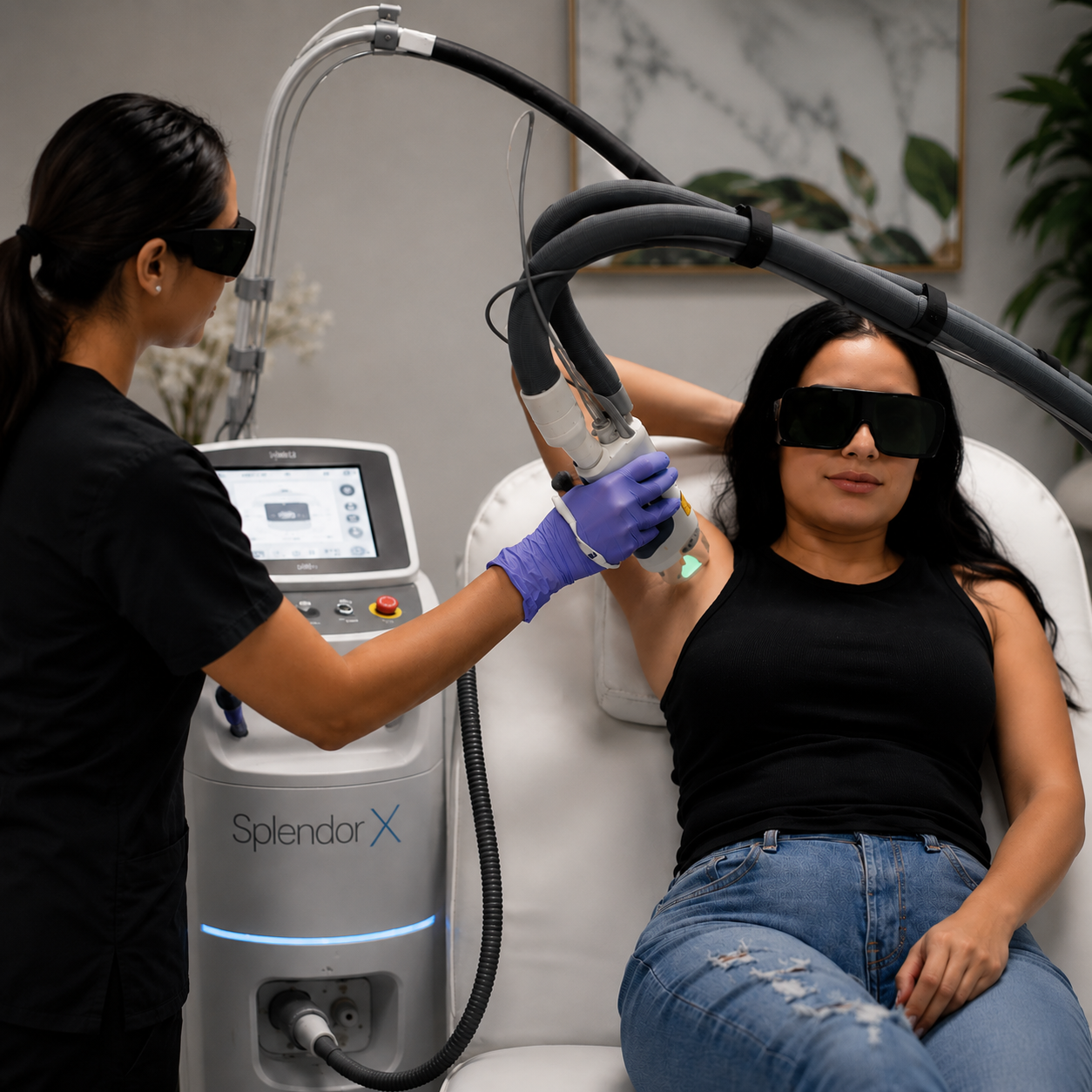 Professional medical staff in crisp white coat operating modern medical laser equipment in an immaculately clean high-end clinical room