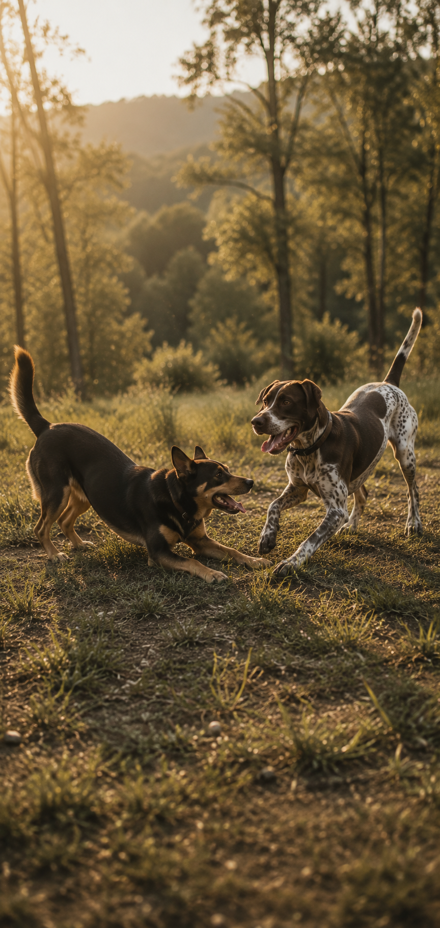 An athletic kelpie running at full stride through a green paddock on a private farm, ears back and tongue out, with misty blue mountains and the Northern NSW caldera rim glowing in soft morning light