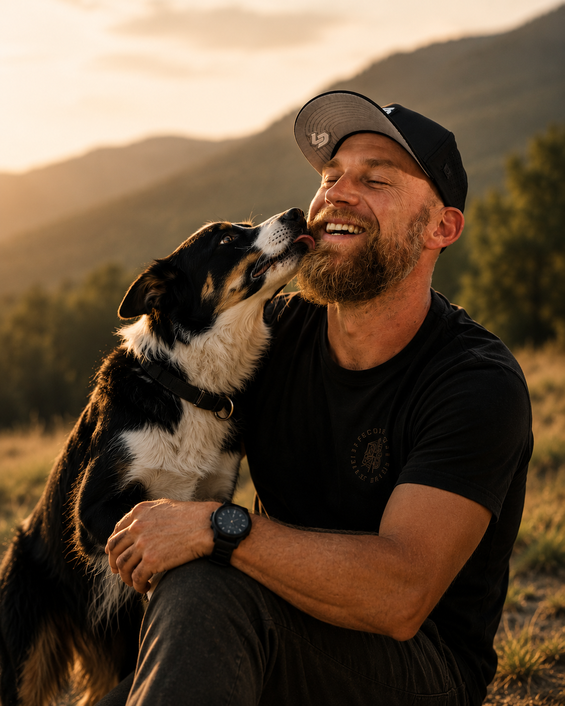 A calm dog trainer kneeling at a wooden farm gate at golden hour with a small group of attentive dogs sitting around her, green hills and scattered gum trees behind, warm evening light